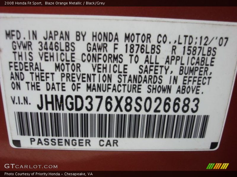 Blaze Orange Metallic / Black/Grey 2008 Honda Fit Sport