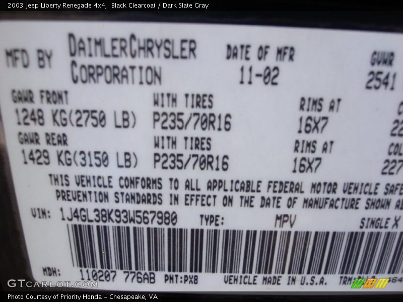 Black Clearcoat / Dark Slate Gray 2003 Jeep Liberty Renegade 4x4