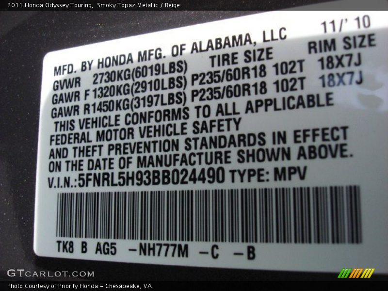 Smoky Topaz Metallic / Beige 2011 Honda Odyssey Touring