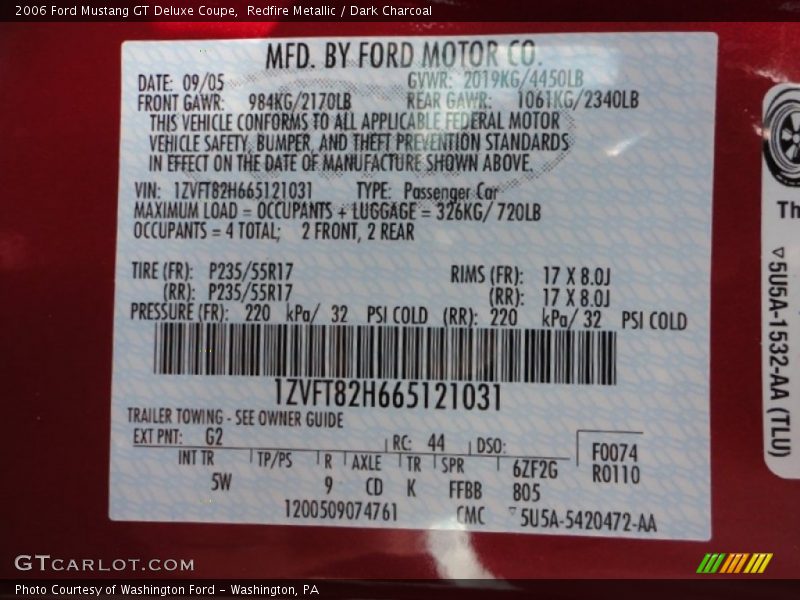 2006 Mustang GT Deluxe Coupe Redfire Metallic Color Code G2
