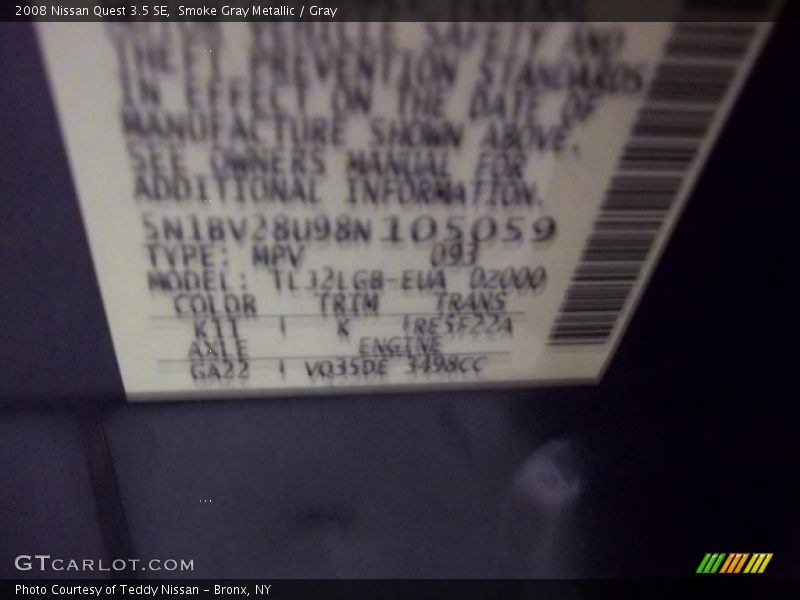 Smoke Gray Metallic / Gray 2008 Nissan Quest 3.5 SE