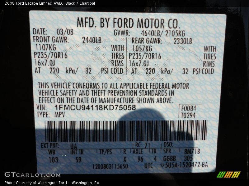 Black / Charcoal 2008 Ford Escape Limited 4WD