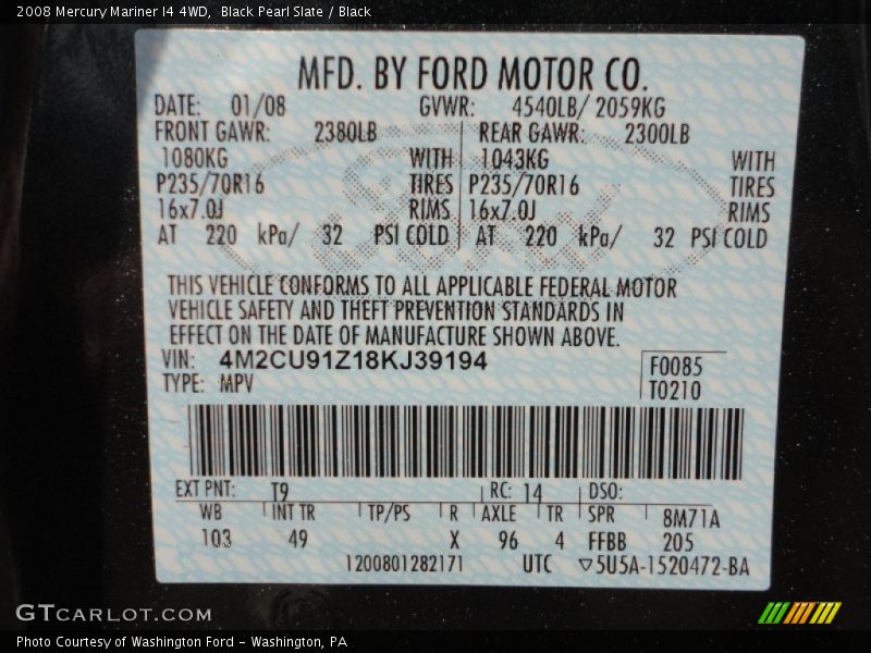Black Pearl Slate / Black 2008 Mercury Mariner I4 4WD