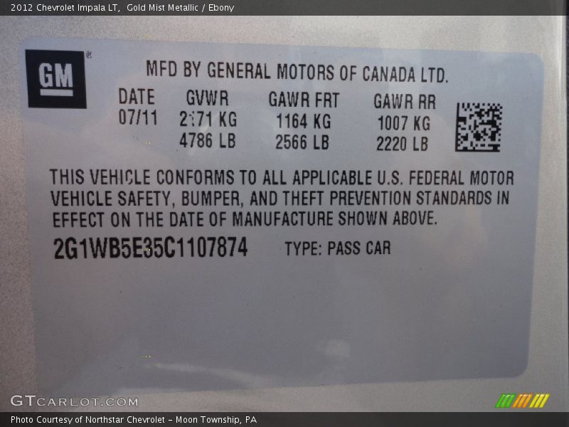 Gold Mist Metallic / Ebony 2012 Chevrolet Impala LT