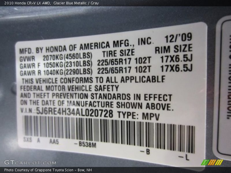 Glacier Blue Metallic / Gray 2010 Honda CR-V LX AWD