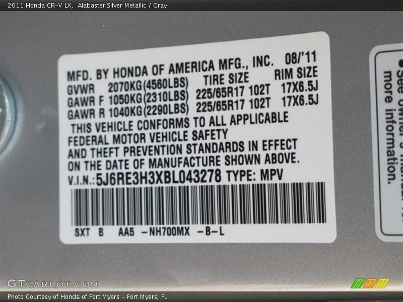 Alabaster Silver Metallic / Gray 2011 Honda CR-V LX