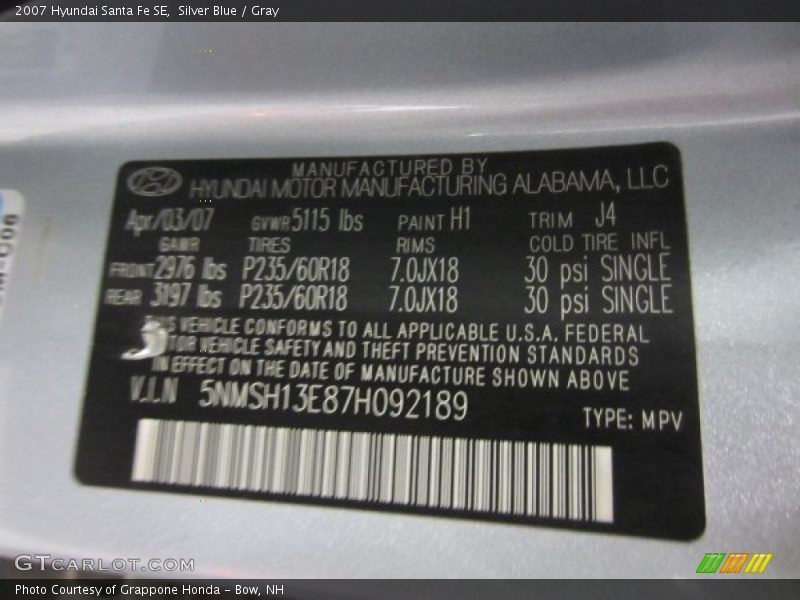 Silver Blue / Gray 2007 Hyundai Santa Fe SE