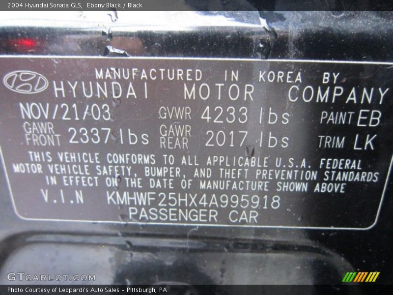 Ebony Black / Black 2004 Hyundai Sonata GLS
