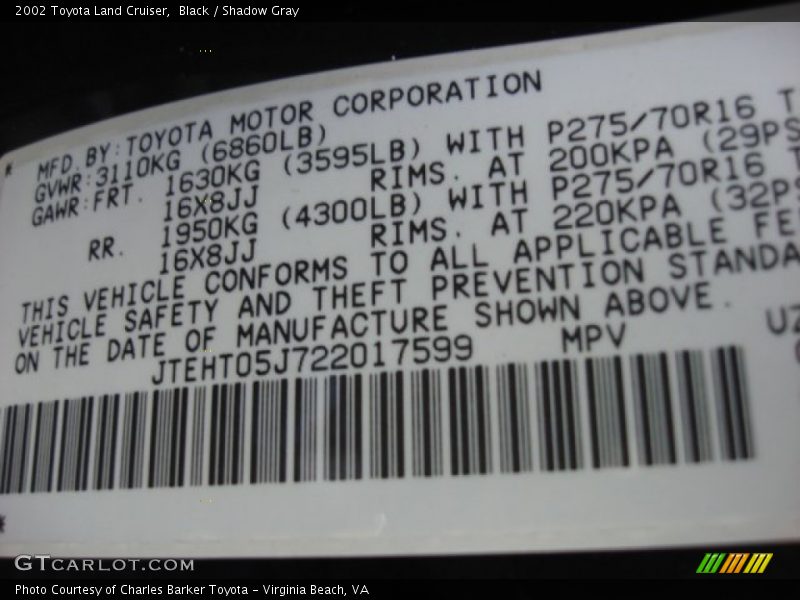 Black / Shadow Gray 2002 Toyota Land Cruiser