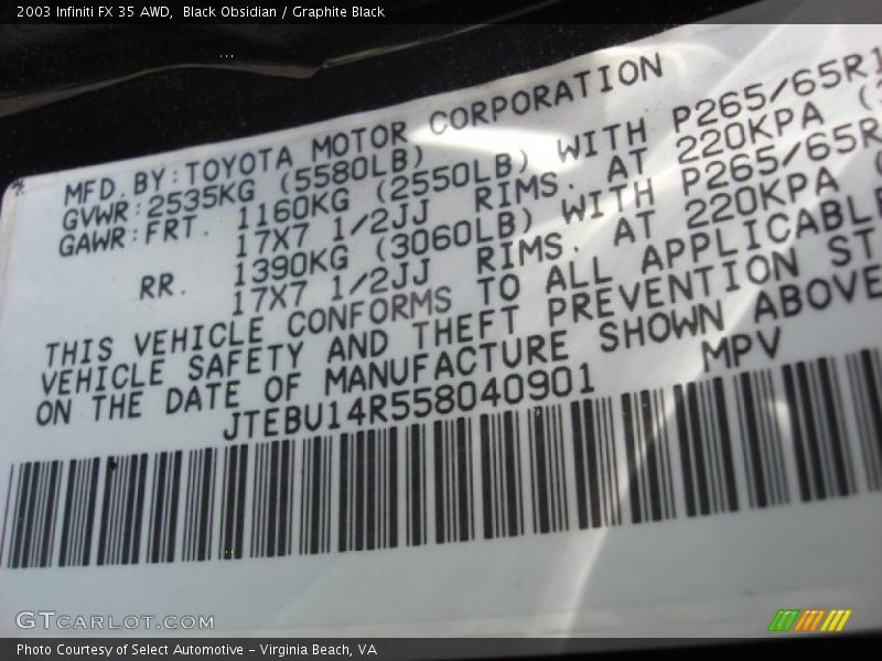 Black Obsidian / Graphite Black 2003 Infiniti FX 35 AWD
