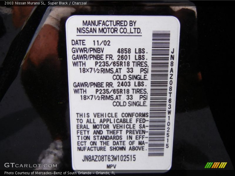 Super Black / Charcoal 2003 Nissan Murano SL
