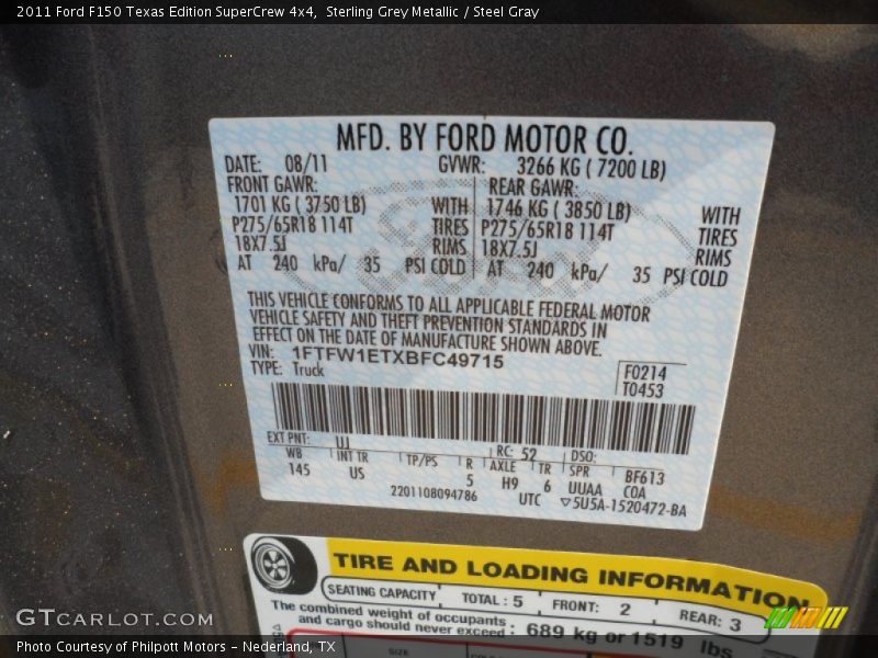 Sterling Grey Metallic / Steel Gray 2011 Ford F150 Texas Edition SuperCrew 4x4