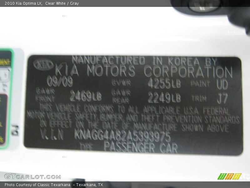 Clear White / Gray 2010 Kia Optima LX