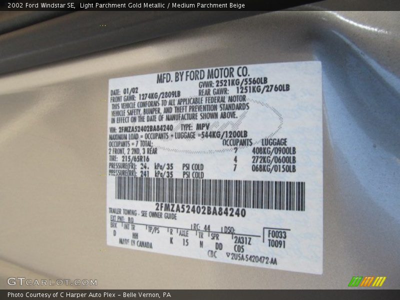 Light Parchment Gold Metallic / Medium Parchment Beige 2002 Ford Windstar SE