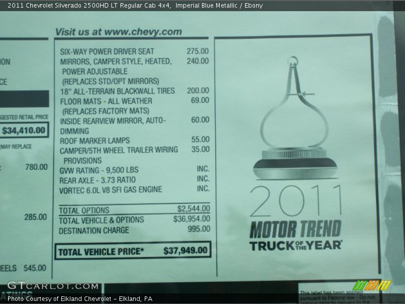  2011 Silverado 2500HD LT Regular Cab 4x4 Window Sticker