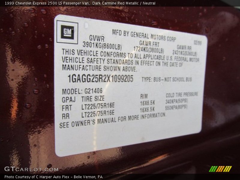 Info Tag of 1999 Express 2500 LS Passenger Van