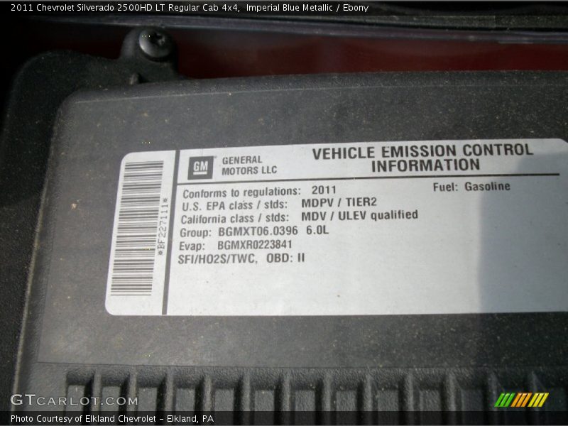 Info Tag of 2011 Silverado 2500HD LT Regular Cab 4x4