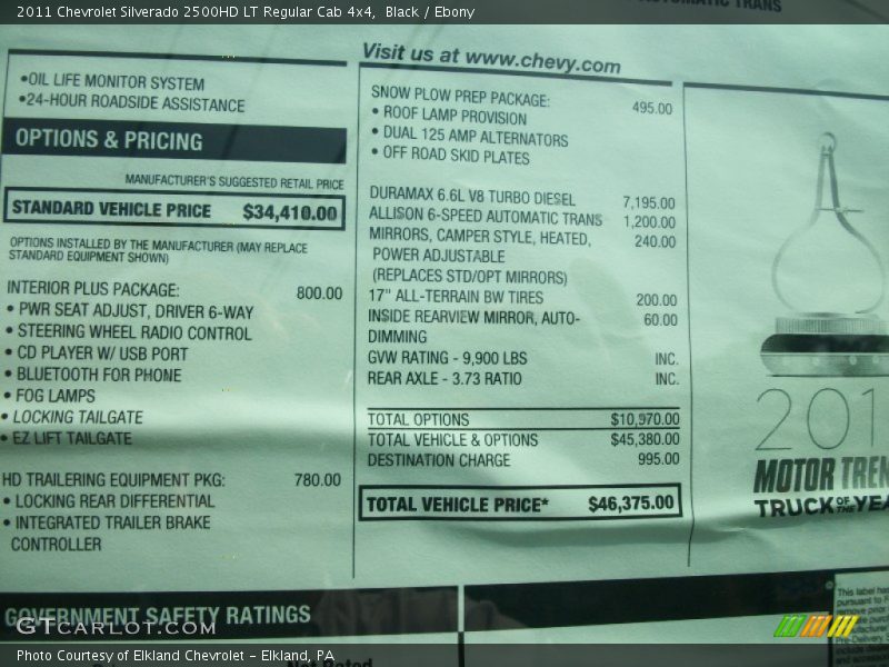  2011 Silverado 2500HD LT Regular Cab 4x4 Window Sticker