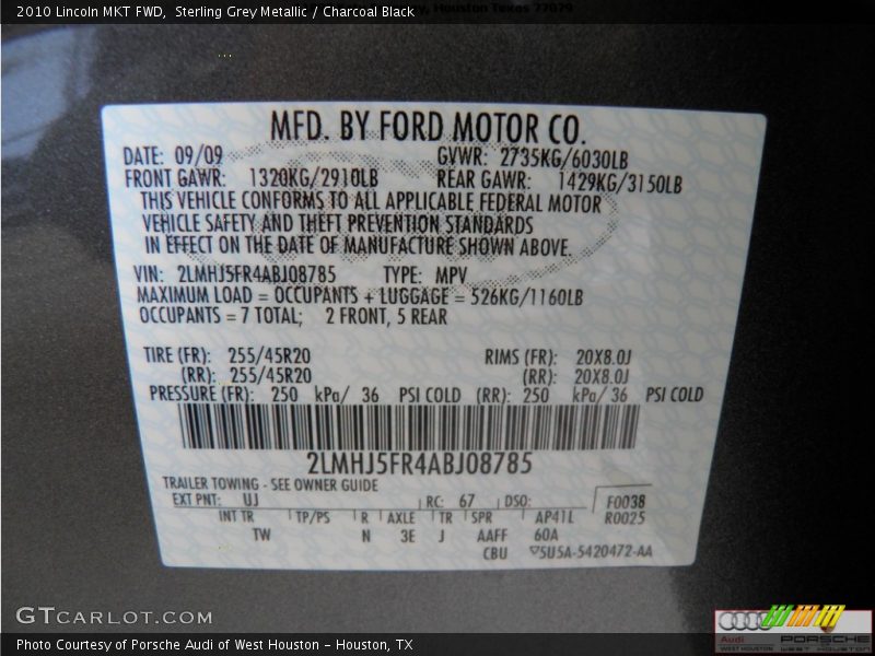 Sterling Grey Metallic / Charcoal Black 2010 Lincoln MKT FWD