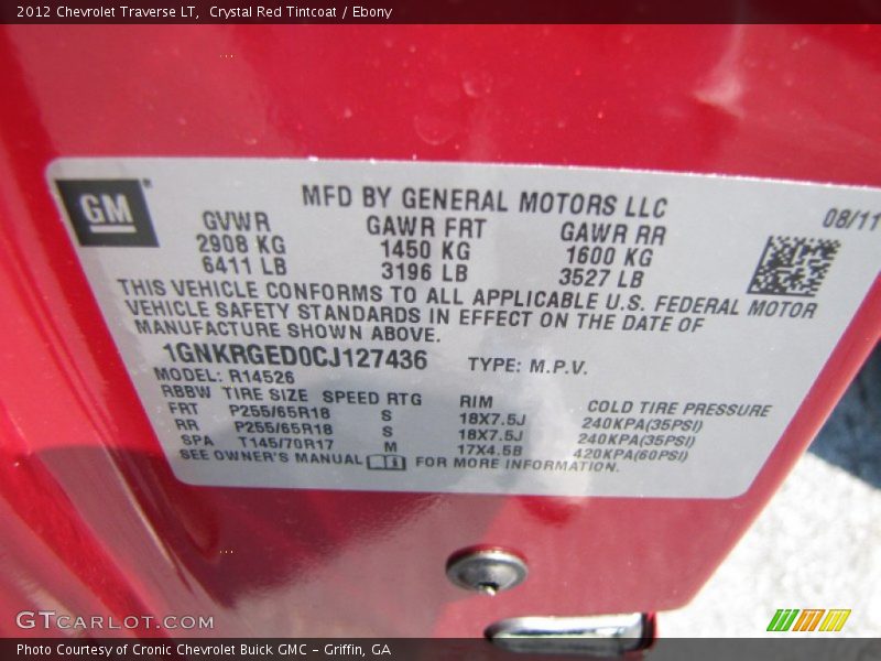 Crystal Red Tintcoat / Ebony 2012 Chevrolet Traverse LT