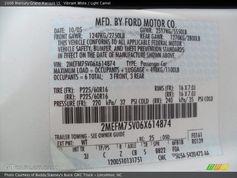 Vibrant White / Light Camel 2006 Mercury Grand Marquis LS