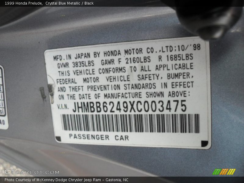 Crystal Blue Metallic / Black 1999 Honda Prelude