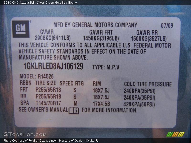 Silver Green Metallic / Ebony 2010 GMC Acadia SLE