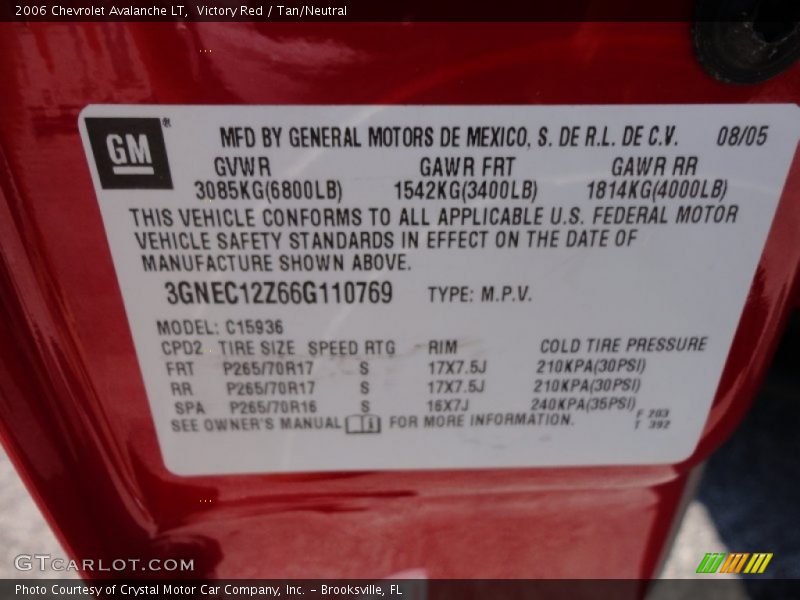 Info Tag of 2006 Avalanche LT