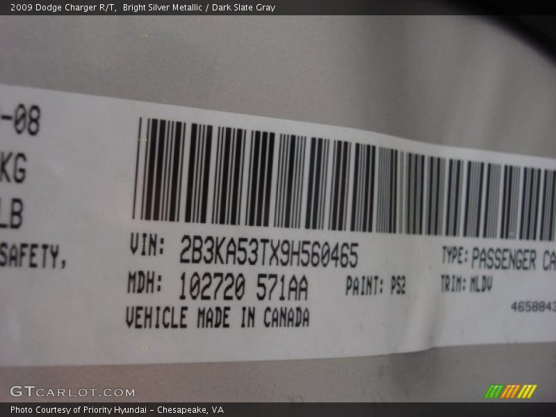 2009 Charger R/T Bright Silver Metallic Color Code PS2