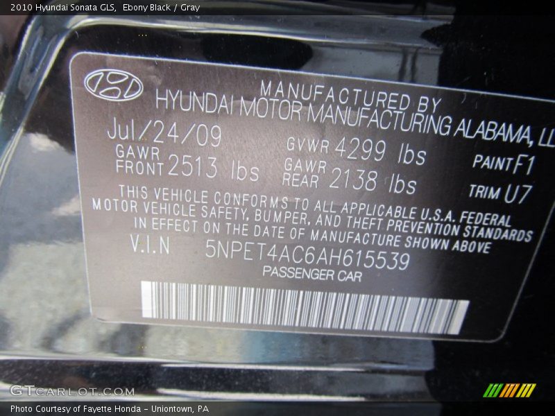 Ebony Black / Gray 2010 Hyundai Sonata GLS