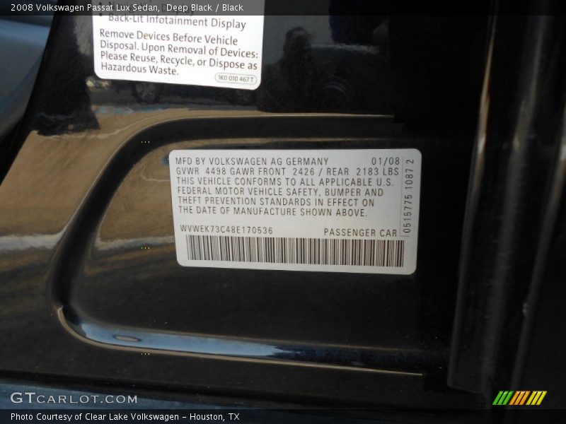Deep Black / Black 2008 Volkswagen Passat Lux Sedan