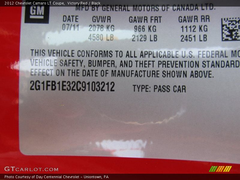 Victory Red / Black 2012 Chevrolet Camaro LT Coupe