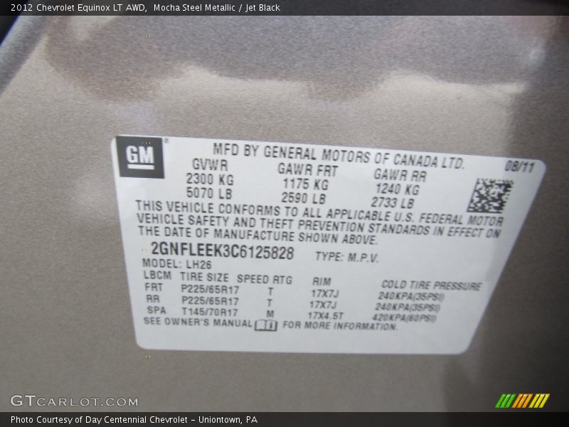 Info Tag of 2012 Equinox LT AWD