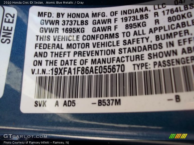 Atomic Blue Metallic / Gray 2010 Honda Civic EX Sedan