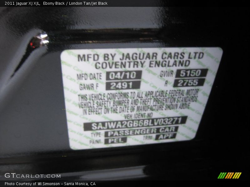 Ebony Black / London Tan/Jet Black 2011 Jaguar XJ XJL