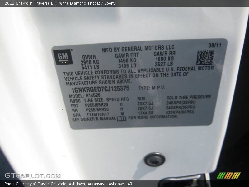 White Diamond Tricoat / Ebony 2012 Chevrolet Traverse LT