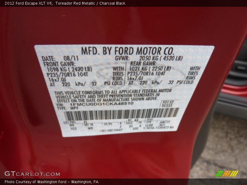 Toreador Red Metallic / Charcoal Black 2012 Ford Escape XLT V6