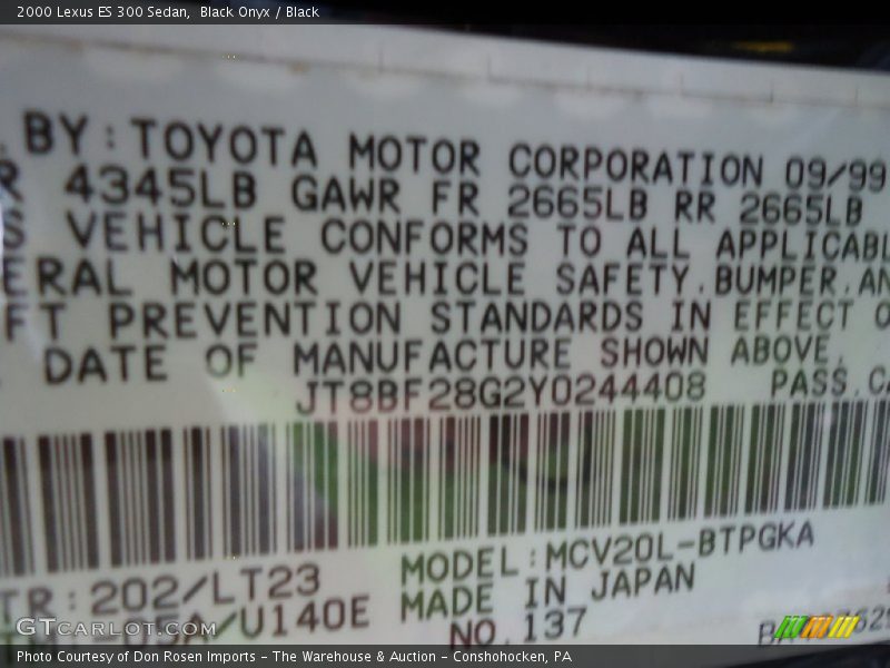 Black Onyx / Black 2000 Lexus ES 300 Sedan