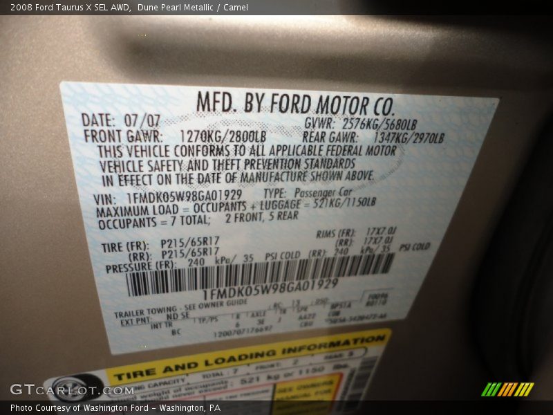 2008 Taurus X SEL AWD Dune Pearl Metallic Color Code ND