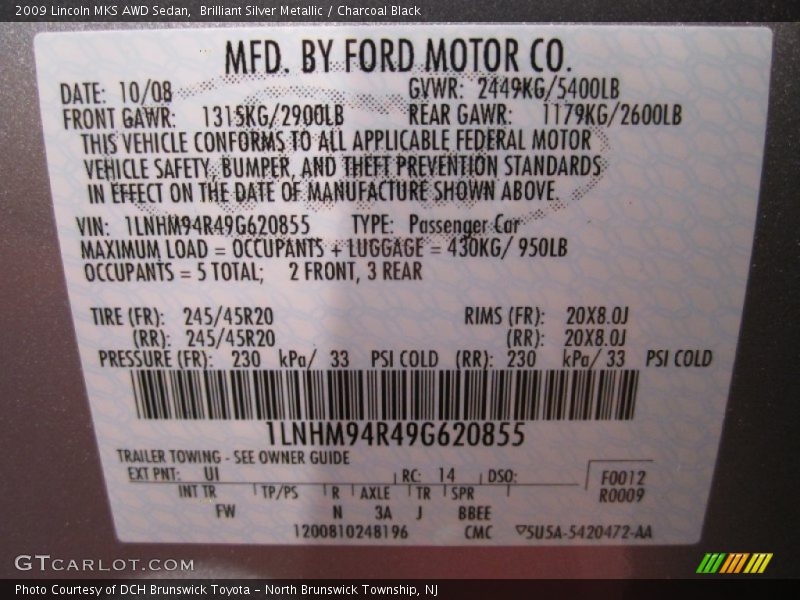 Brilliant Silver Metallic / Charcoal Black 2009 Lincoln MKS AWD Sedan