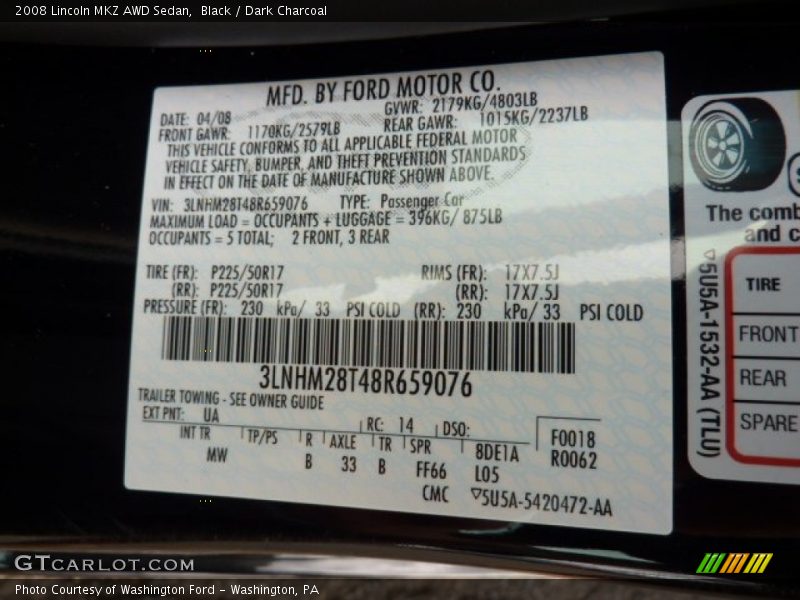Black / Dark Charcoal 2008 Lincoln MKZ AWD Sedan