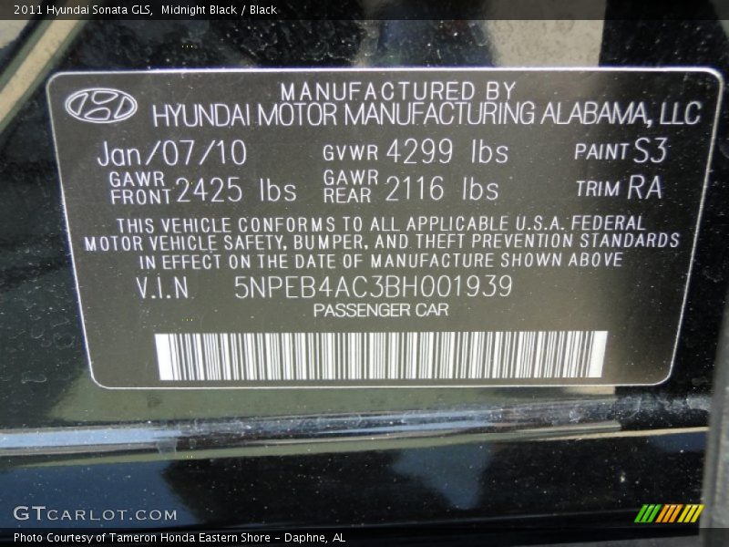 Midnight Black / Black 2011 Hyundai Sonata GLS