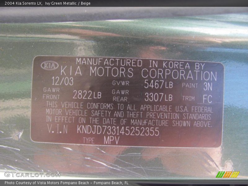 Ivy Green Metallic / Beige 2004 Kia Sorento LX