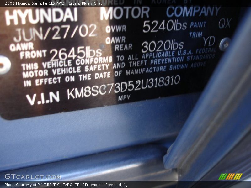 Crystal Blue / Gray 2002 Hyundai Santa Fe GLS AWD
