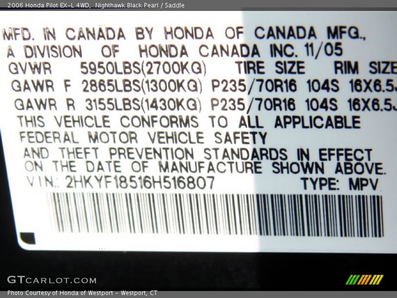 Nighthawk Black Pearl / Saddle 2006 Honda Pilot EX-L 4WD