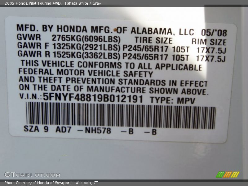 Taffeta White / Gray 2009 Honda Pilot Touring 4WD