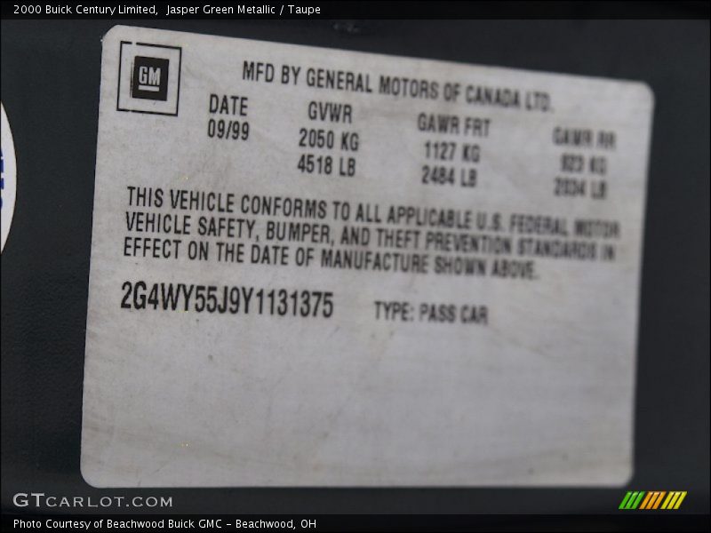 Jasper Green Metallic / Taupe 2000 Buick Century Limited
