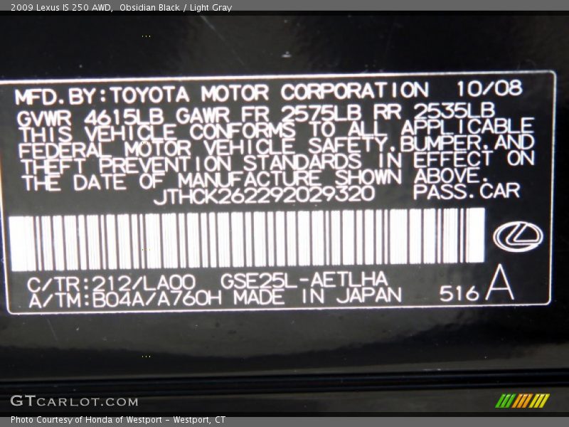 Obsidian Black / Light Gray 2009 Lexus IS 250 AWD