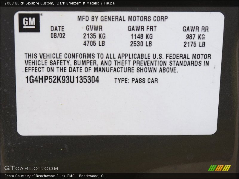 Dark Bronzemist Metallic / Taupe 2003 Buick LeSabre Custom
