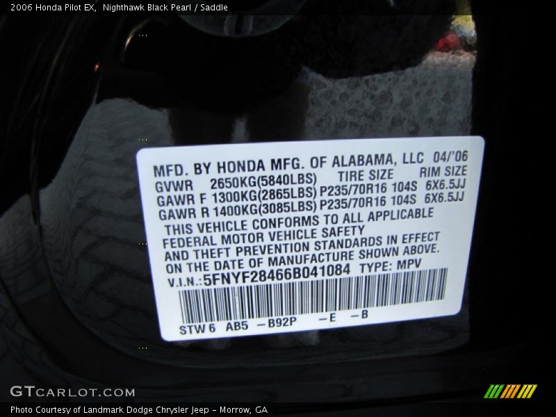 Nighthawk Black Pearl / Saddle 2006 Honda Pilot EX
